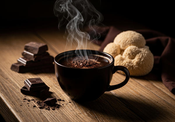 Tasse fumante de cacao aux champignons adaptogènes sur table en bois