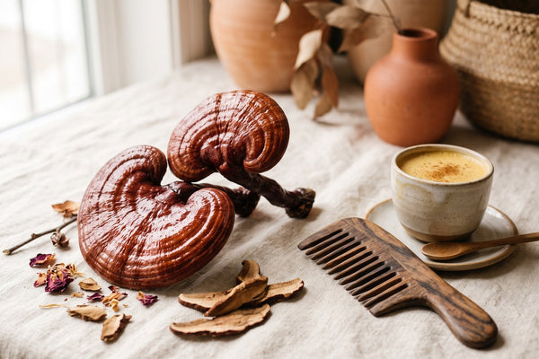 Champignons reishi rouge brillant avec peigne en bois et boisson adaptogène dorée