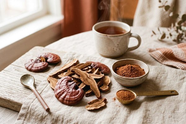 Tranches de reishi séché, bol de poudre de reishi et cuillère doseuse, avec une tasse d'infusion de reishi